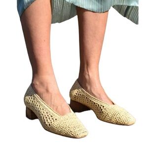 Miista Women's Noa Raffia Stacked Heel Pump, square toe, slip on Size 38, US 7.5